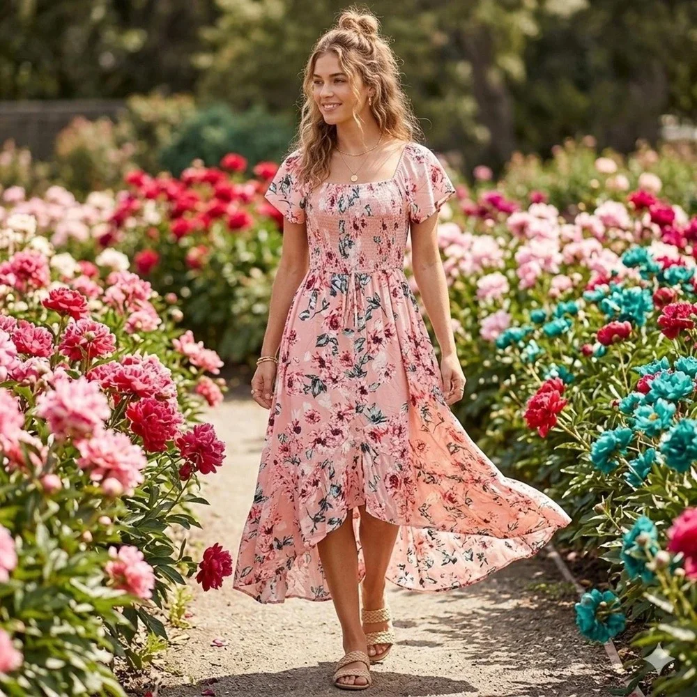 Band of Gypsies Floral Smocked High Low Maxi Dress Pink Small Boho Summer Garden - Picture 2 of 16